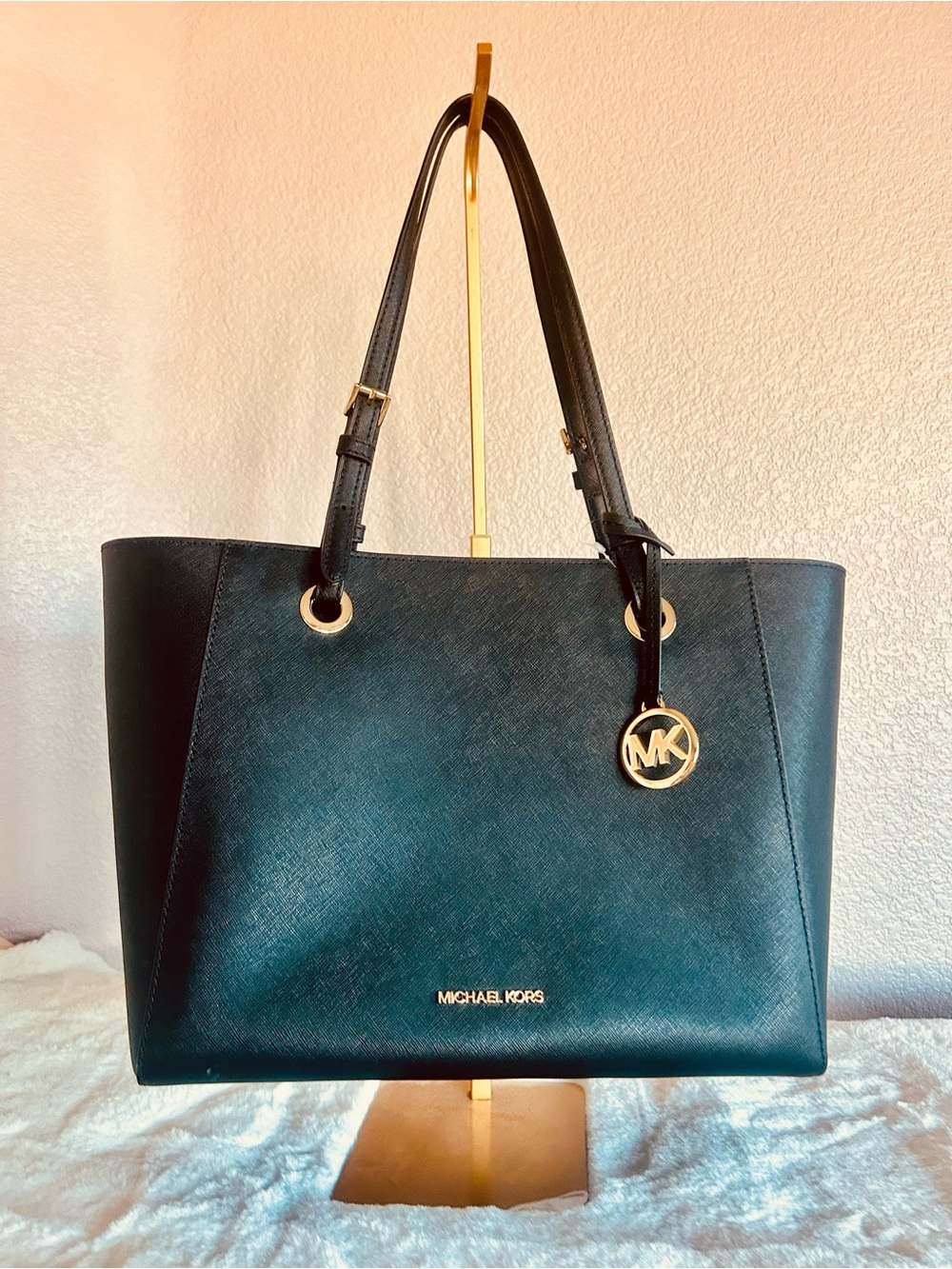 NWT Michael Kors Black Tote with Gold MK Logo Charm